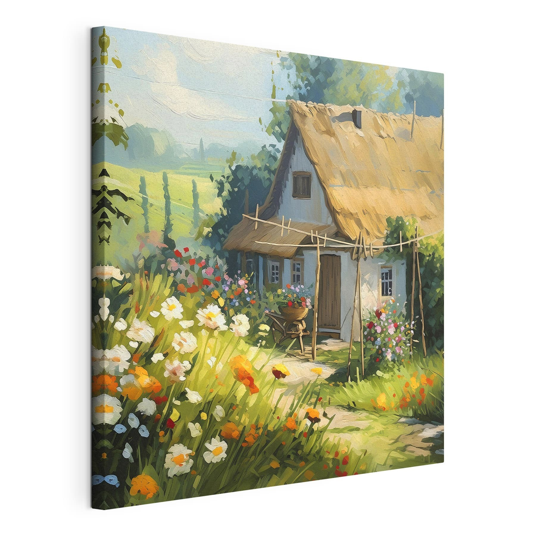 A painting of a house with flowers and plants A painting of a house with flowers and plants