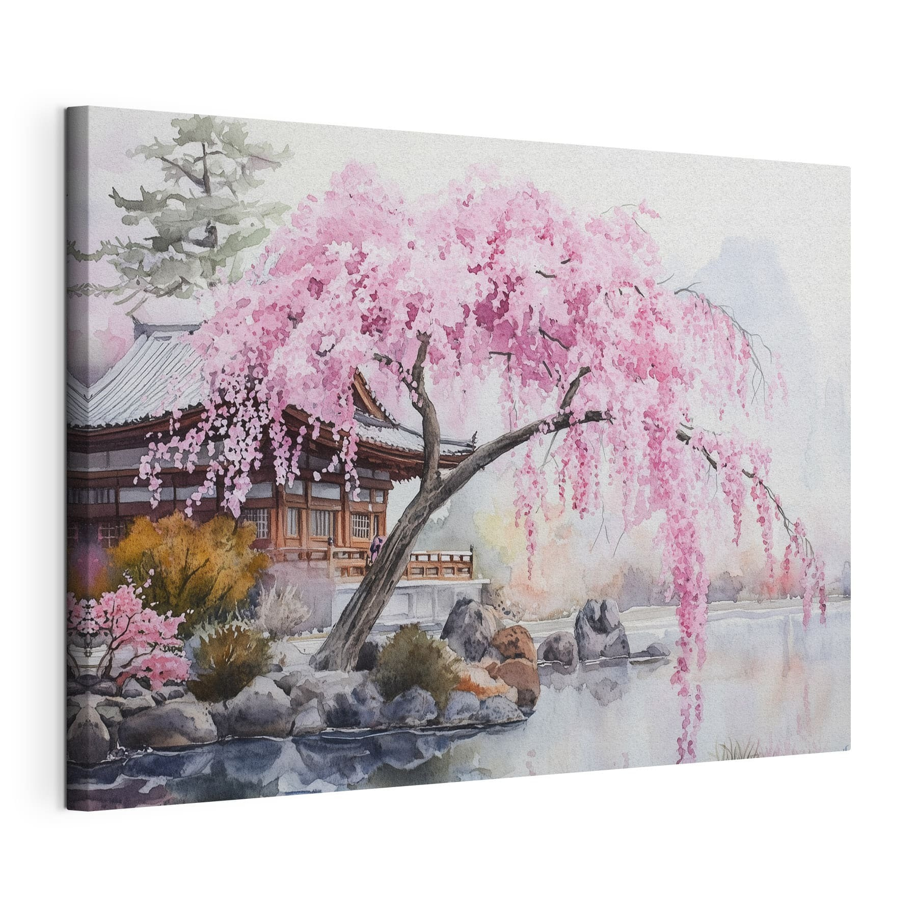 Watercolor painting of a tree with pink flowers