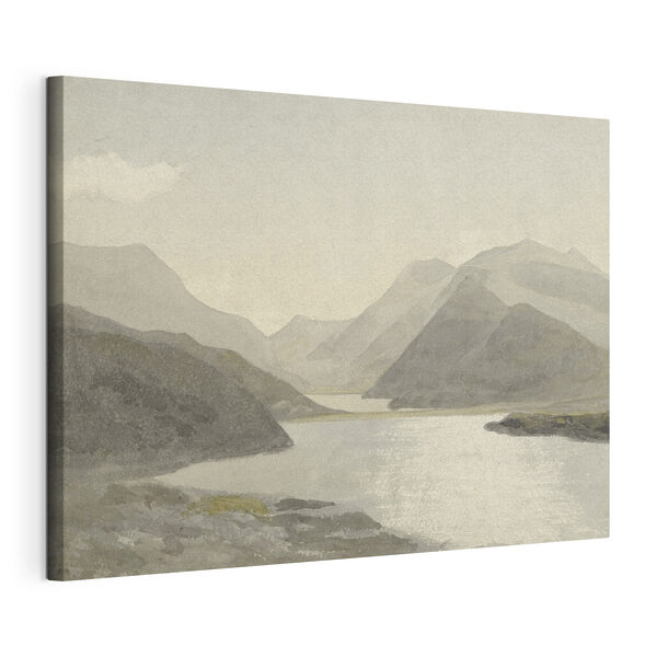 A watercolor of a lake and mountains