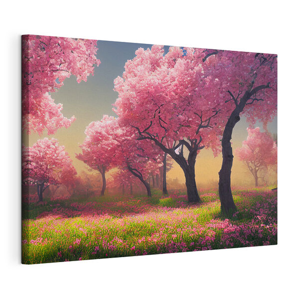 A field of pink flowers with trees