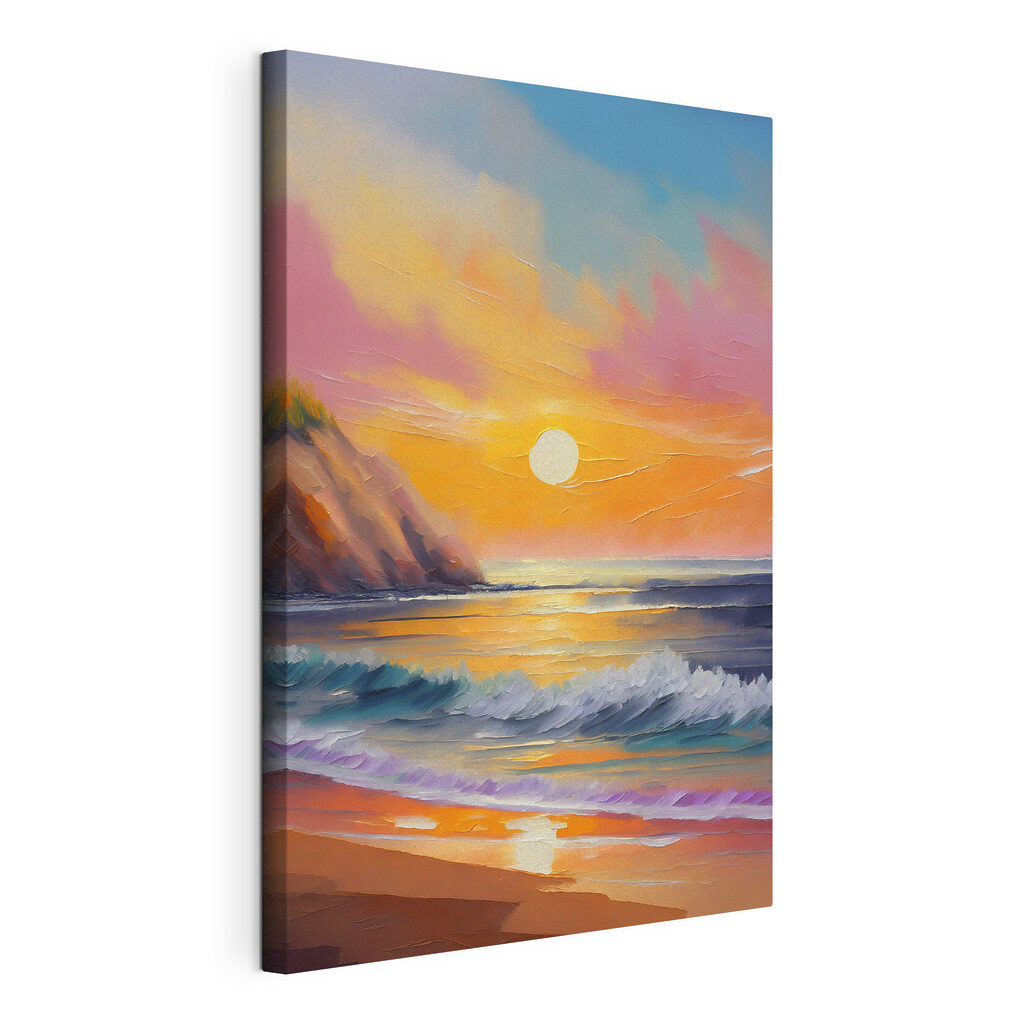Painting of a beach with waves and hills