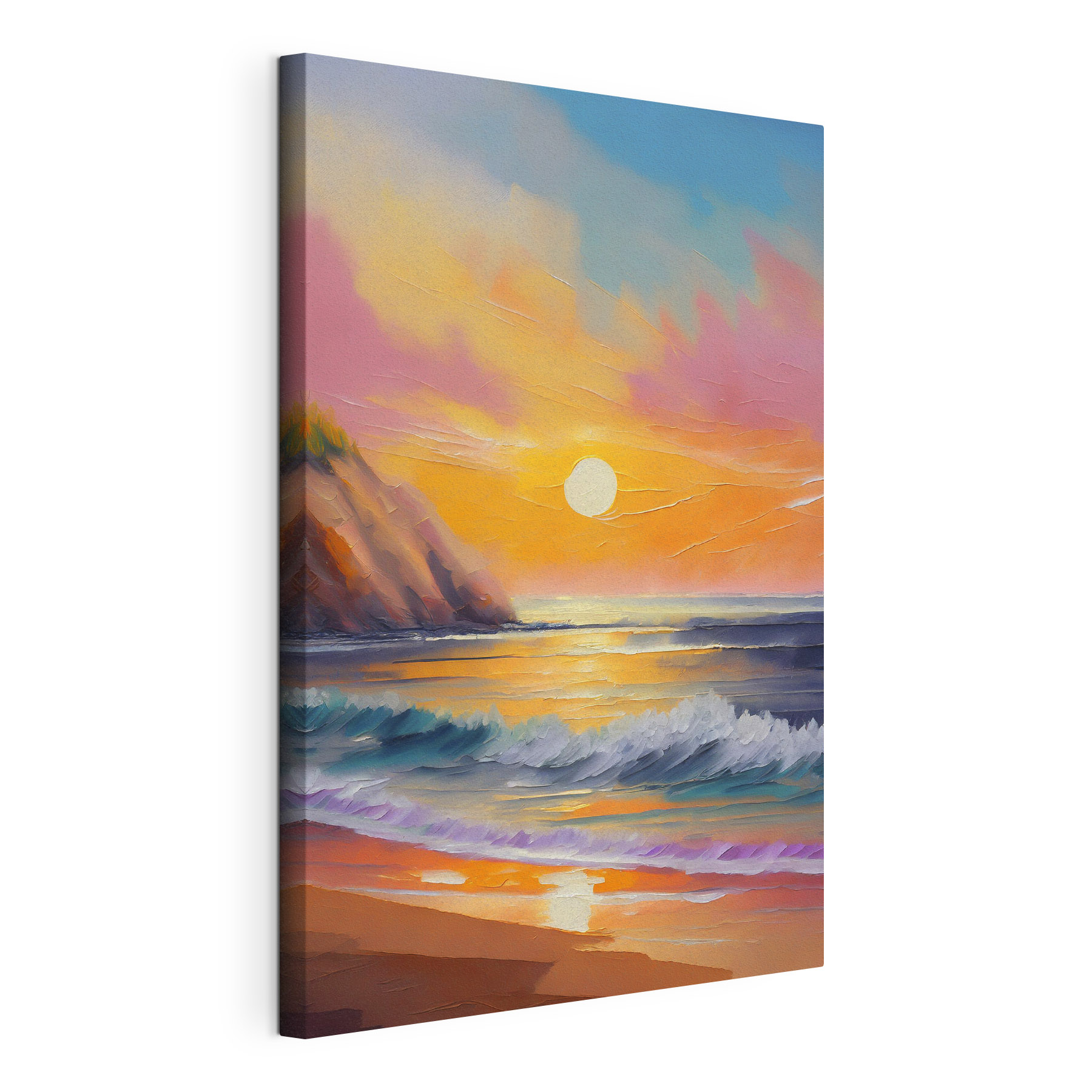 Painting of a beach with waves and hills