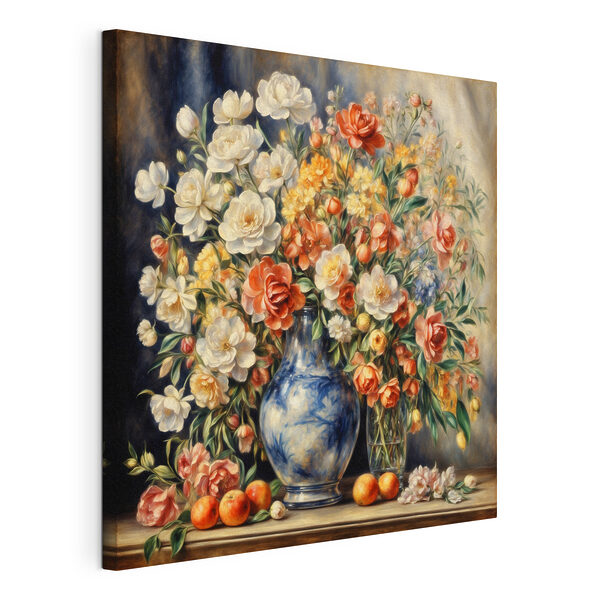 A painting of flowers in a vase and fruit