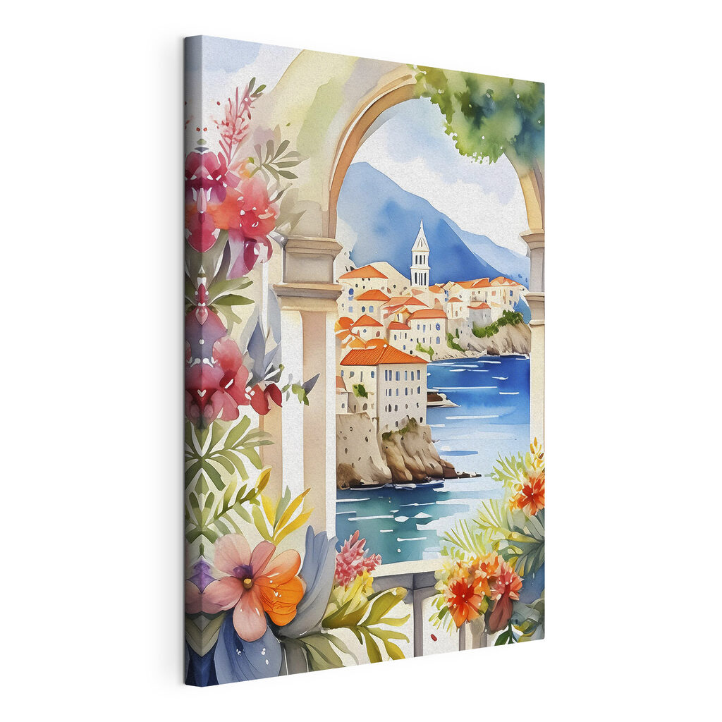A watercolor painting of a town on a cliff