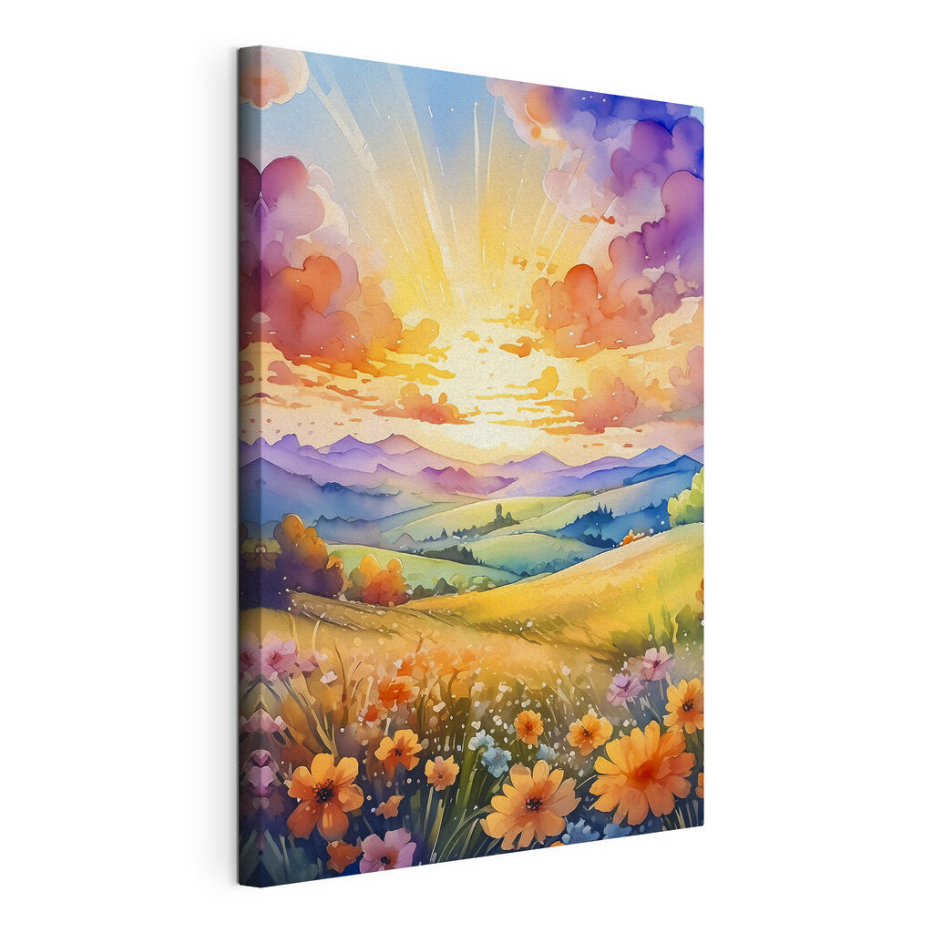 A painting of a landscape with mountains and flowers