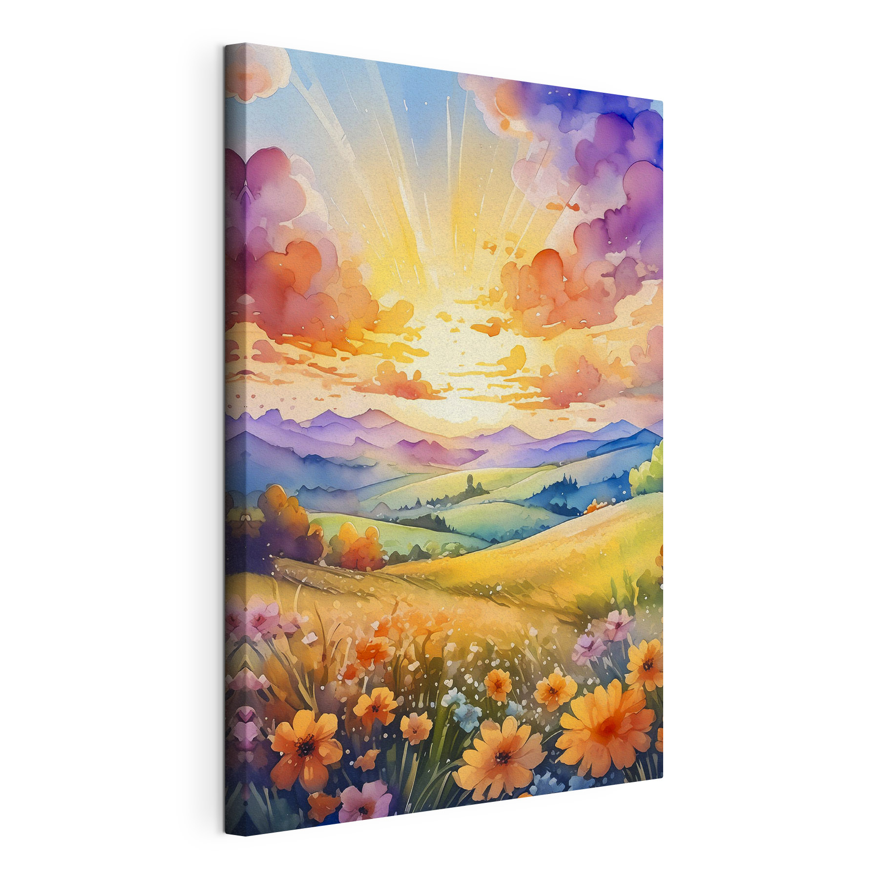 A painting of a landscape with mountains and flowers