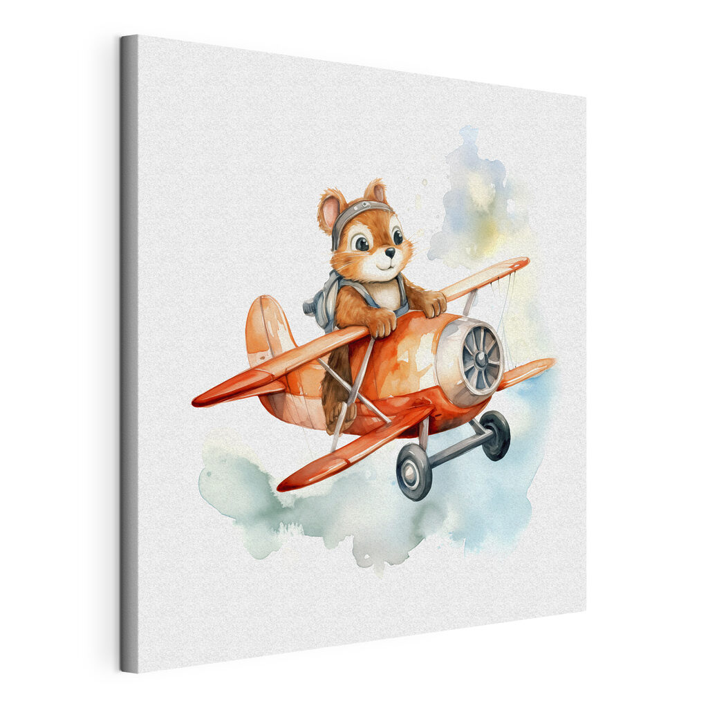 A watercolor of a squirrel flying on an airplane