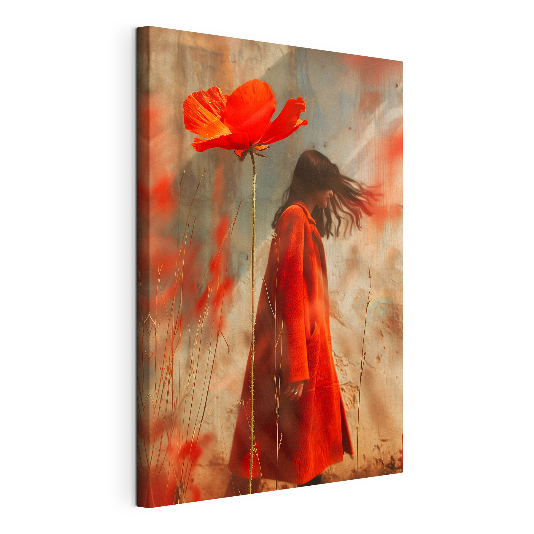 Woman in a red coat and a large flower