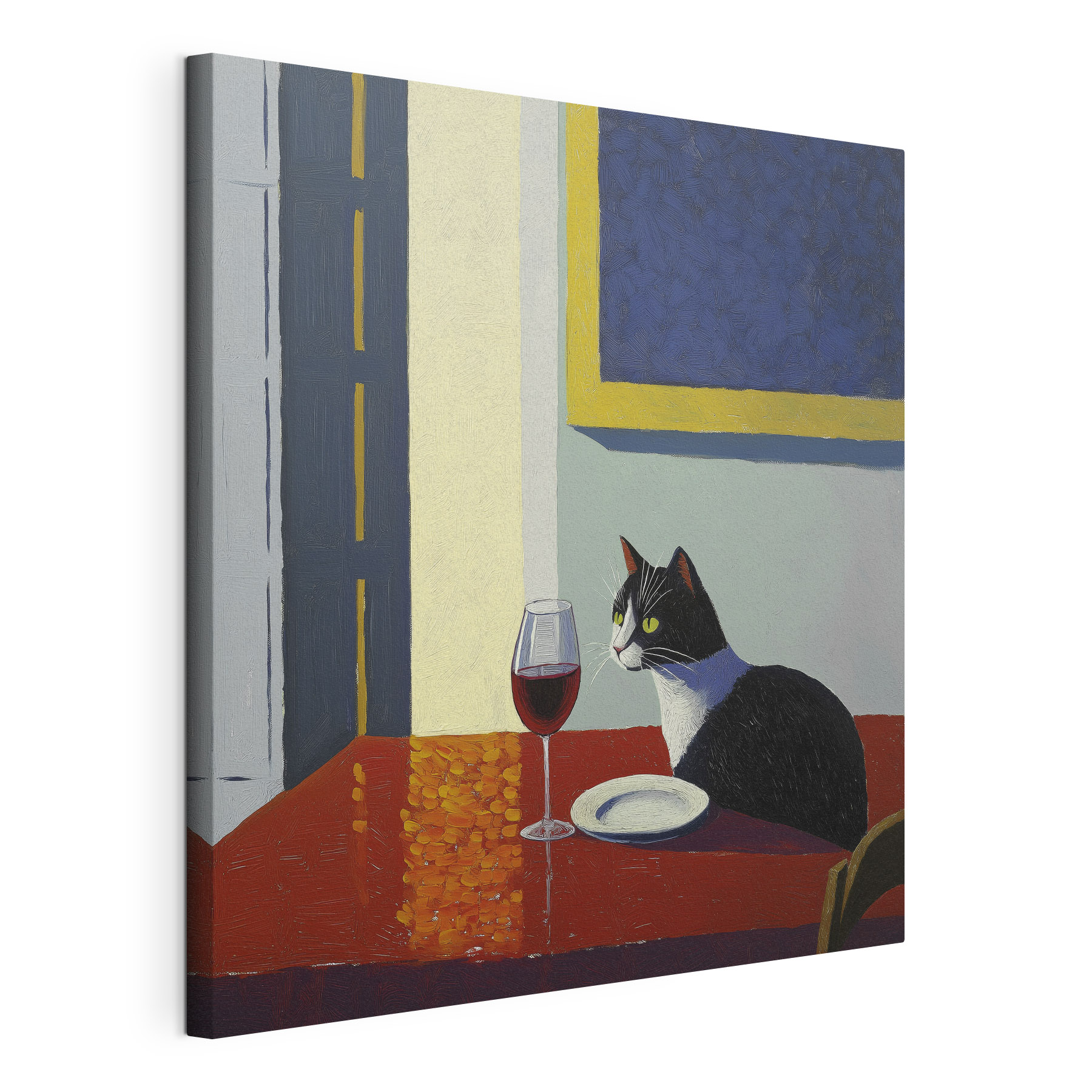 Cat sitting at a table with a plate and a plate