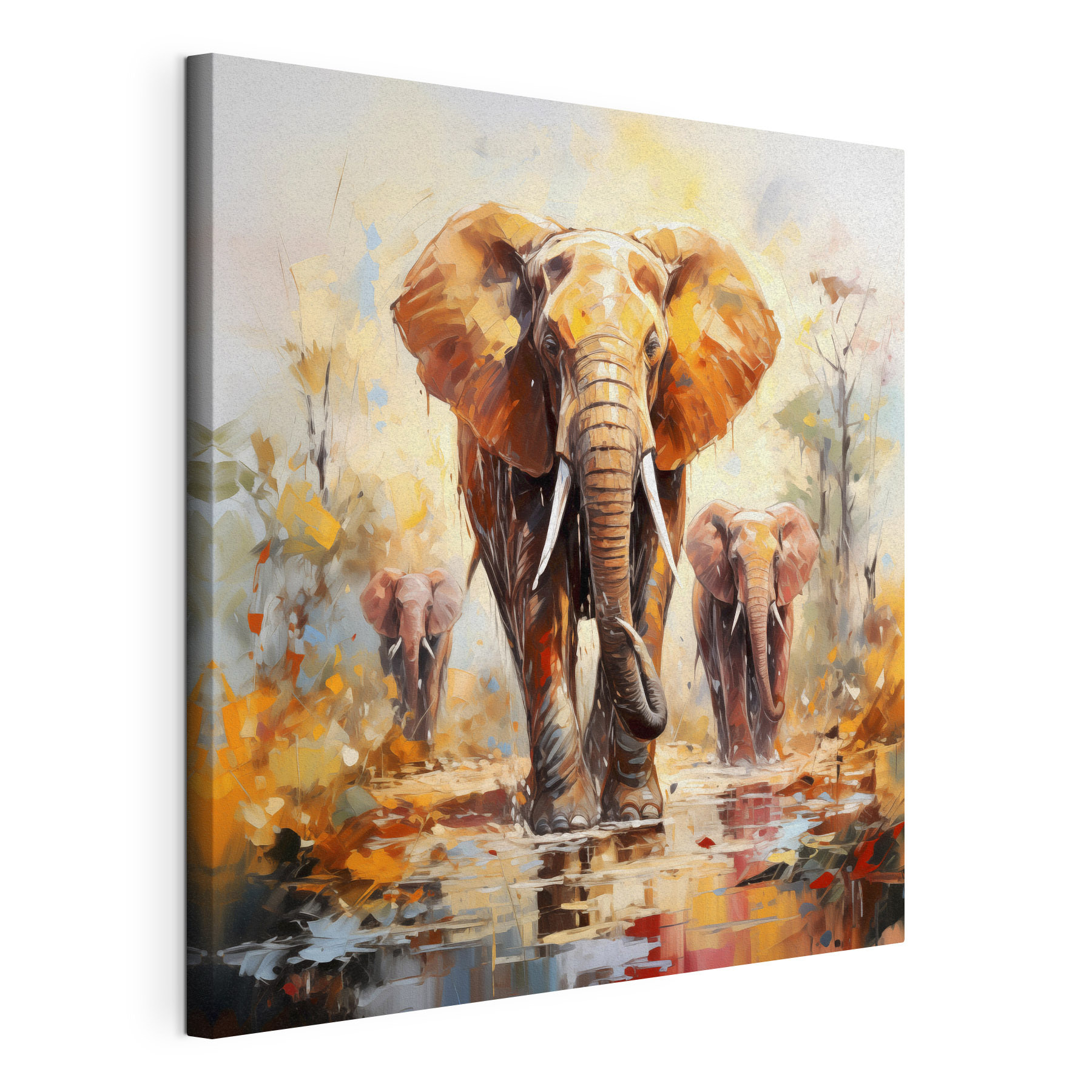 Group of elephants walking through water