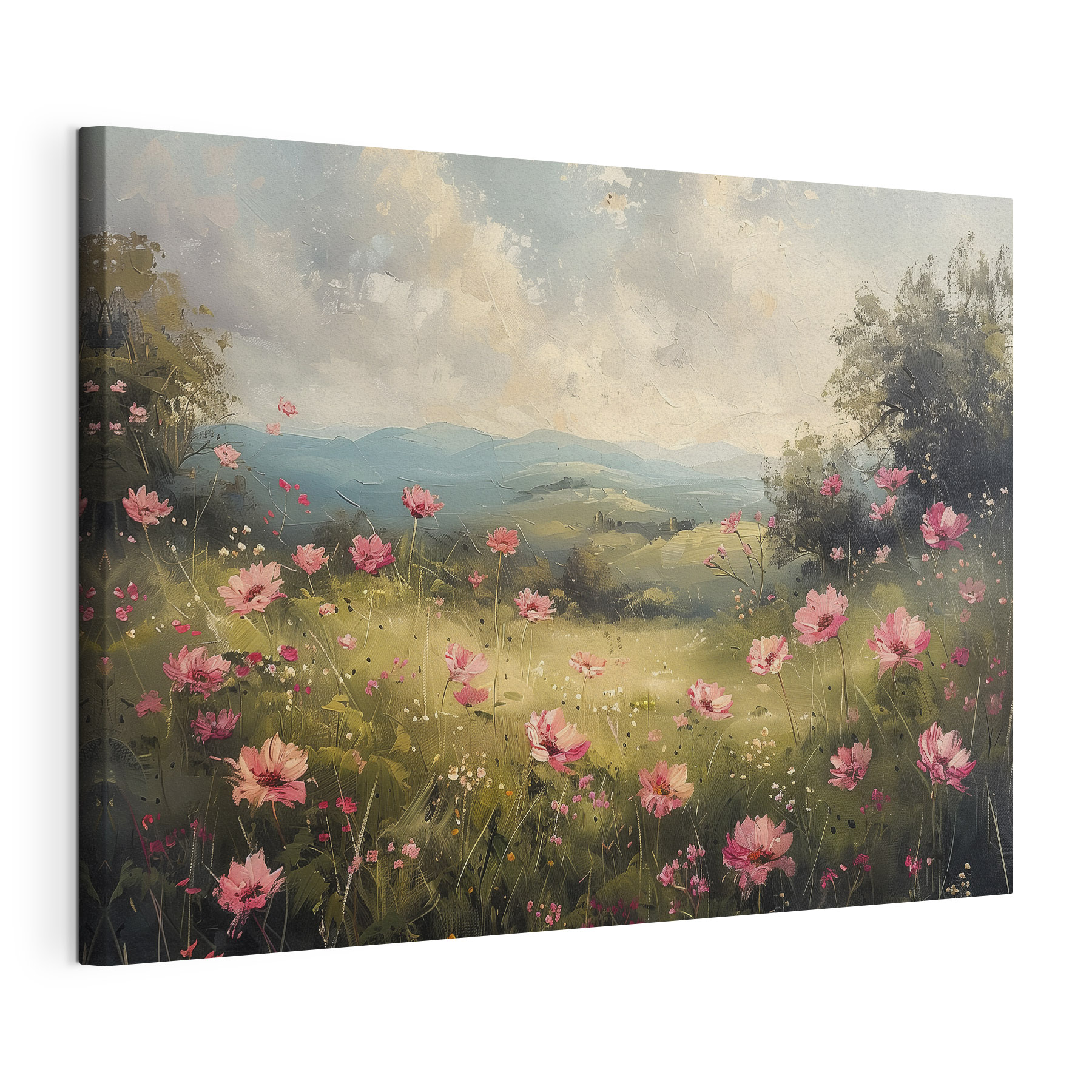 Painting of a field of pink flowers