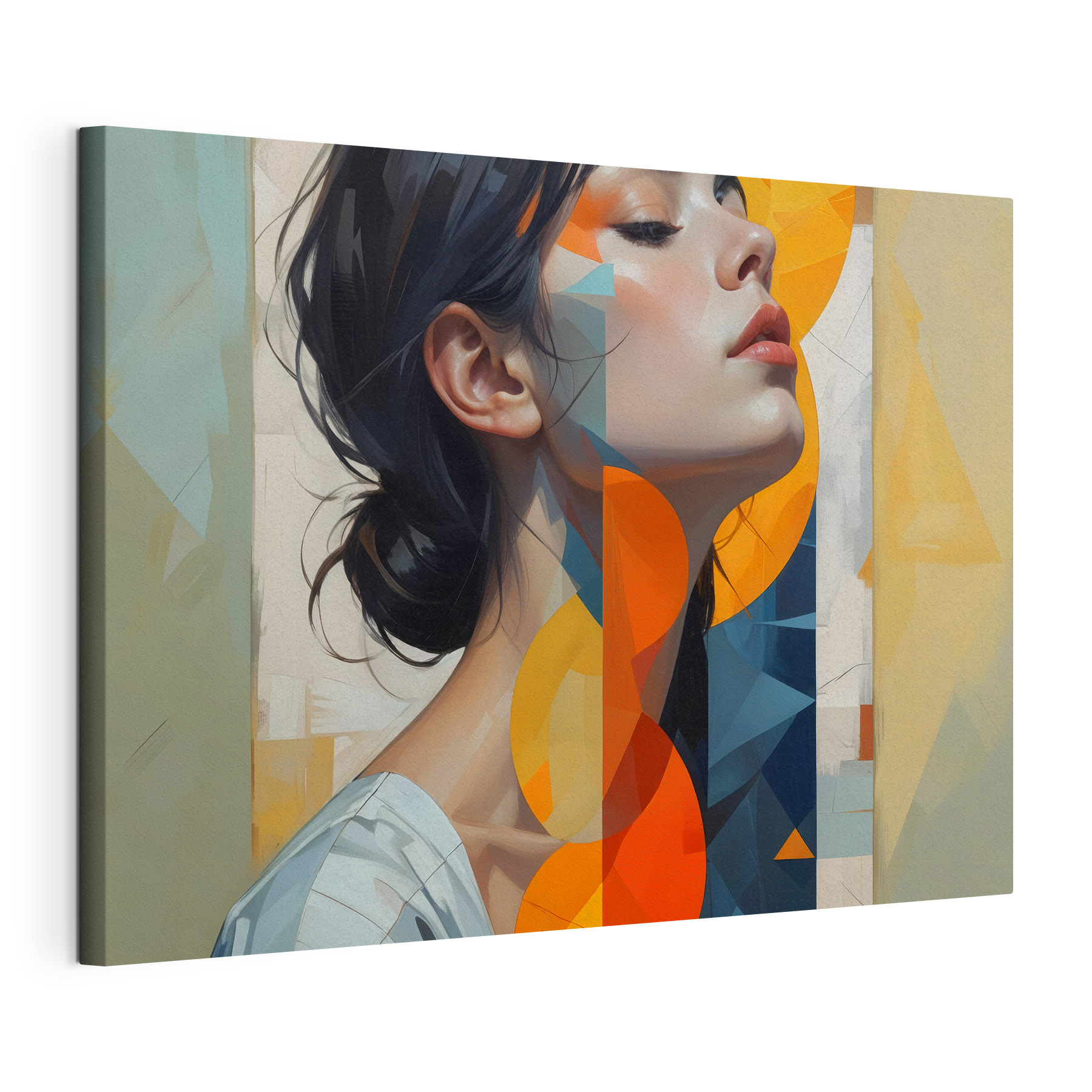 Woman with black hair and orange and blue circles