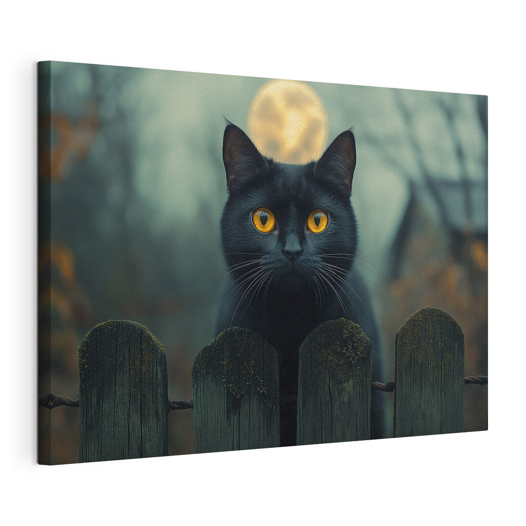 Black cat with yellow eyes behind a fence Black cat with yellow eyes behind a fence