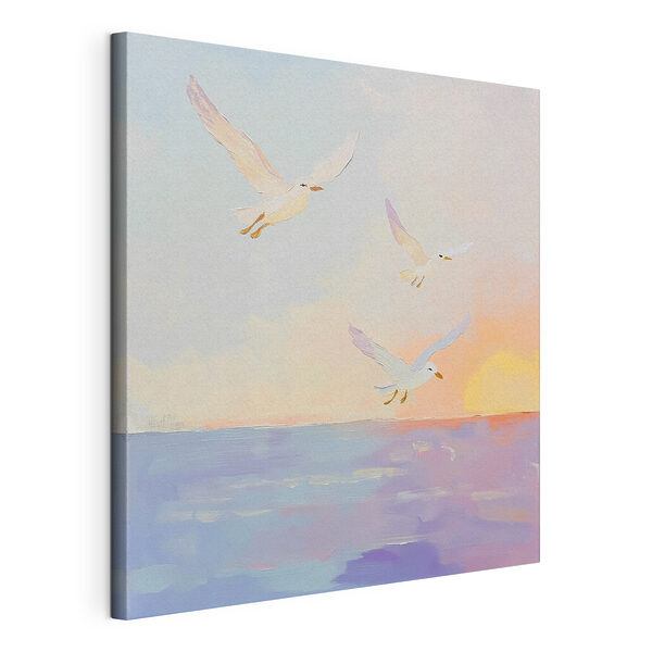 Painting of birds flying over water