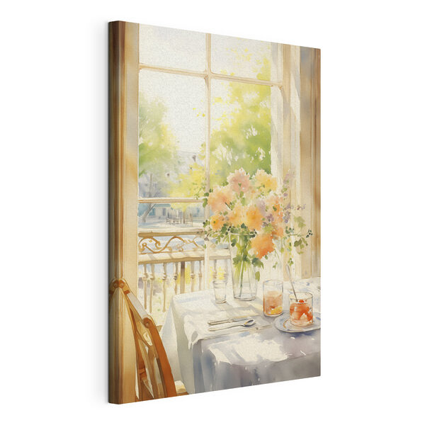 Watercolor painting of a table with flowers and glasses Watercolor painting of a table with flowers and glasses