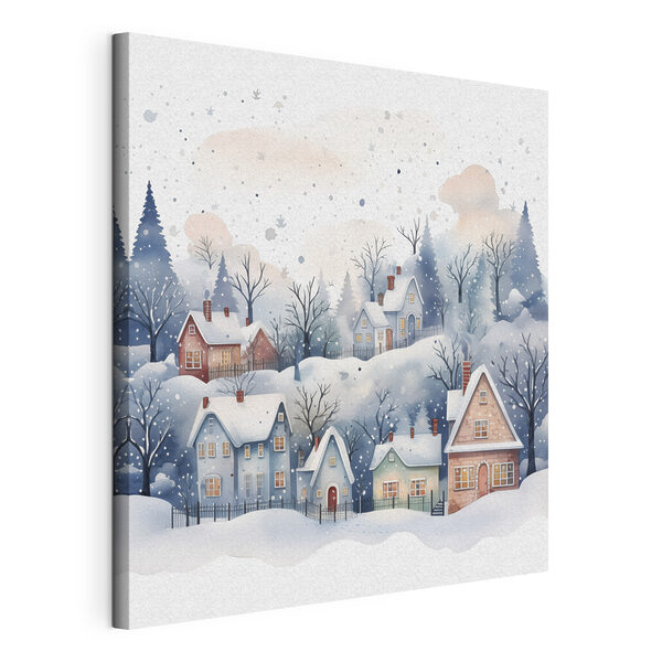 Watercolor painting of houses and trees in the snow Watercolor painting of houses and trees in the snow