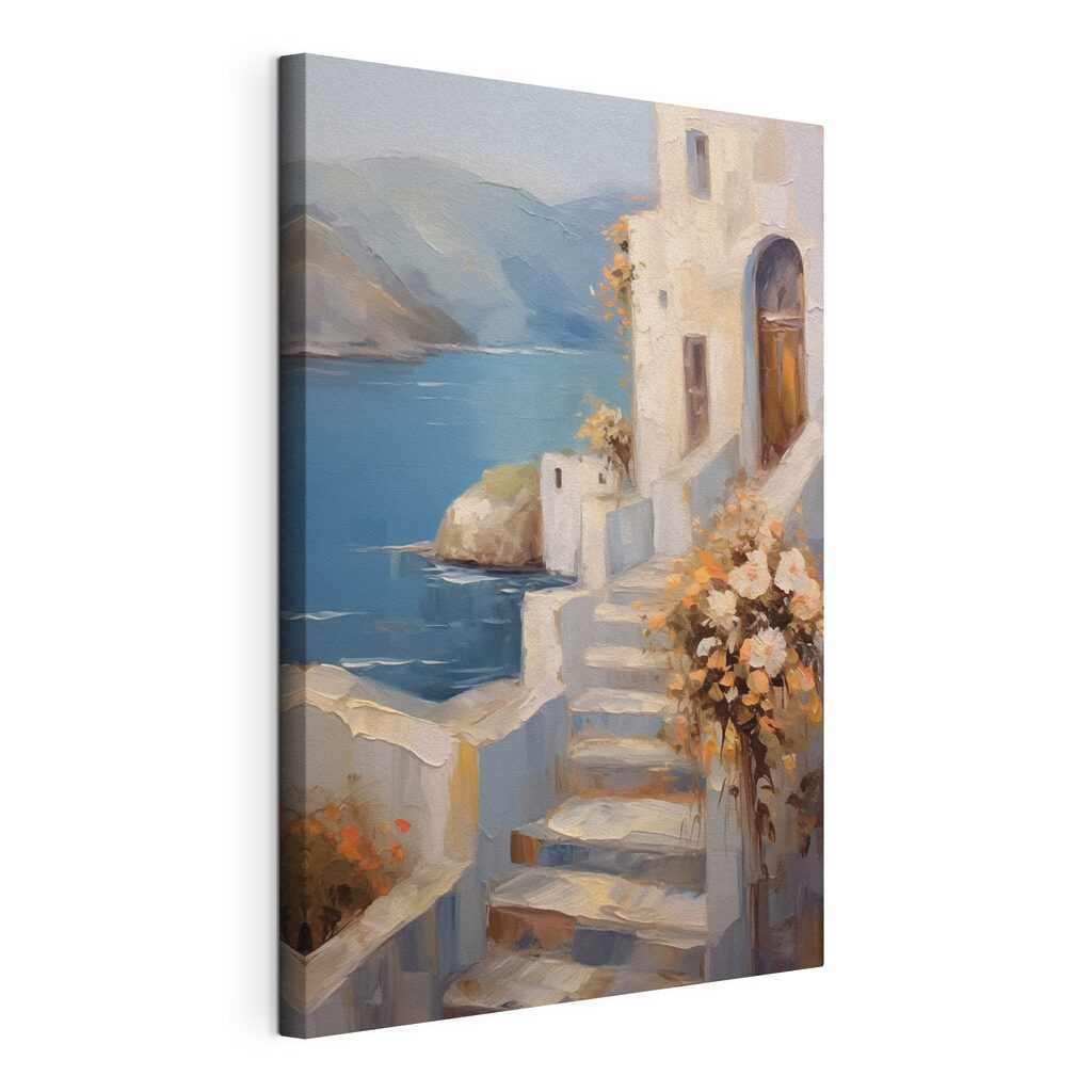 Painting of a house with flowers on the stairs