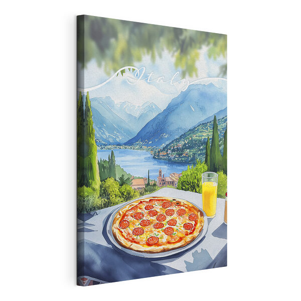 Pizza a džus na stole s horami a stromy Obraz Pizza a džus na stole s horami a stromy