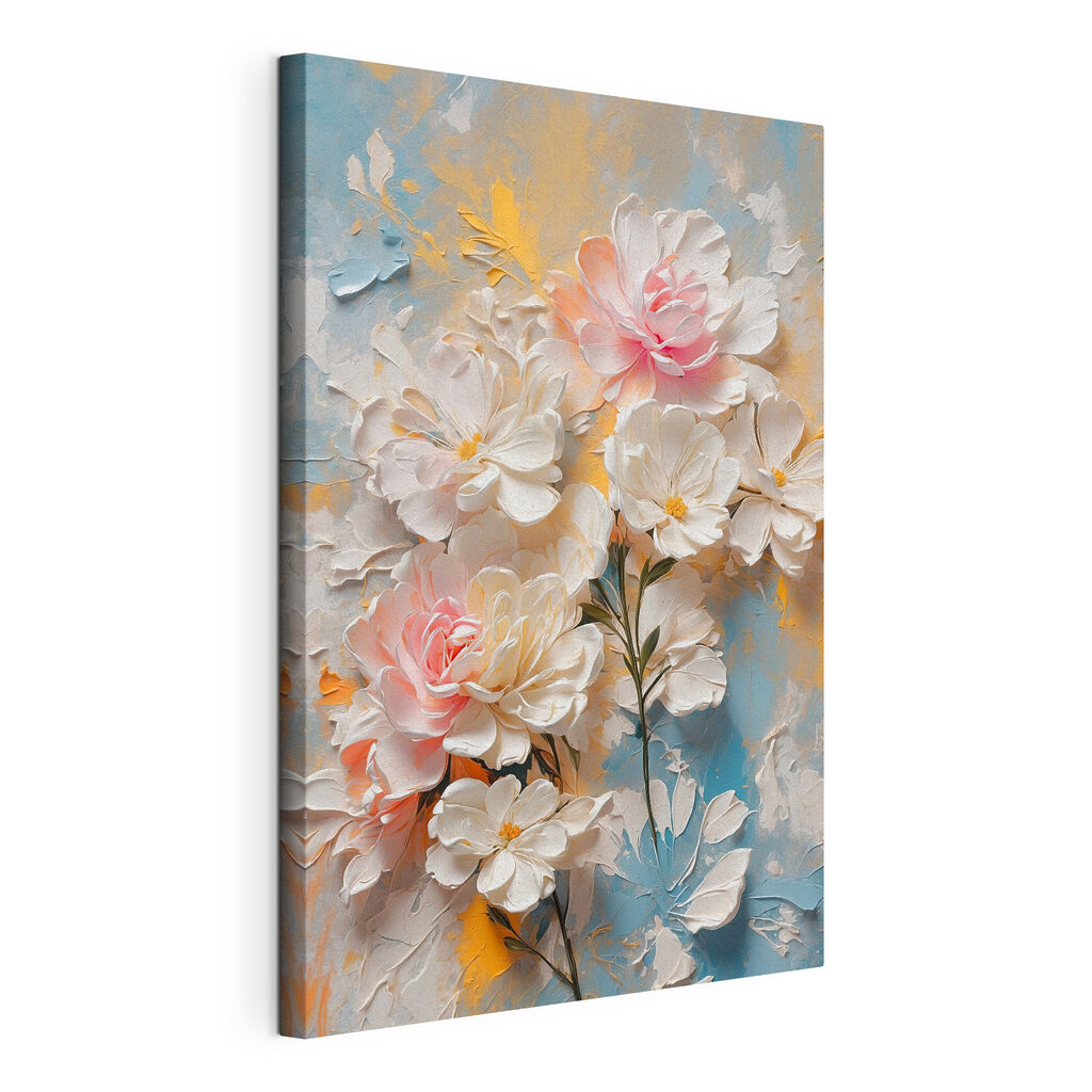 Painting of flowers on a blue and yellow background