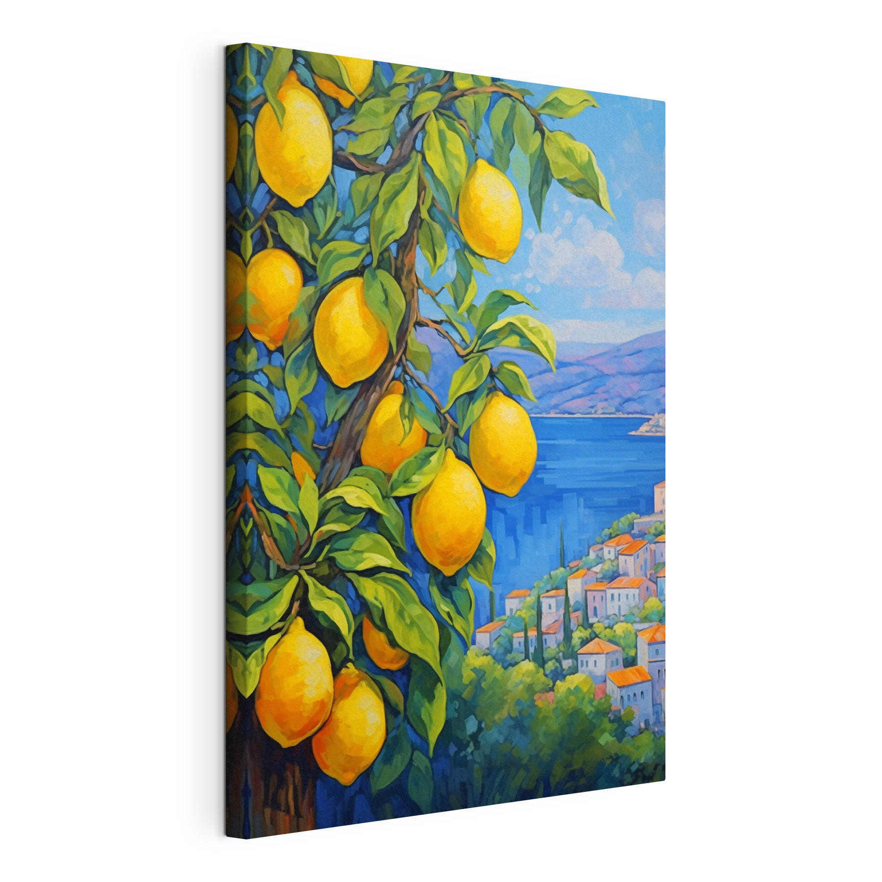 Painting of a lemon tree with a city in the background