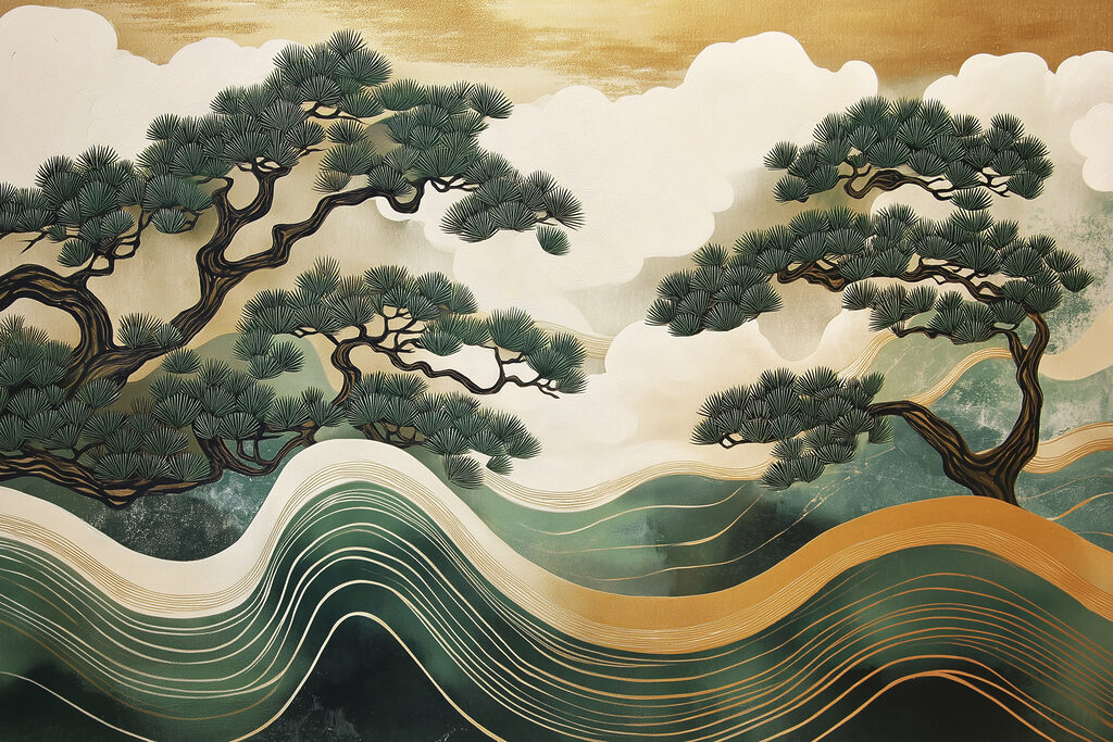 Painting of trees and waves