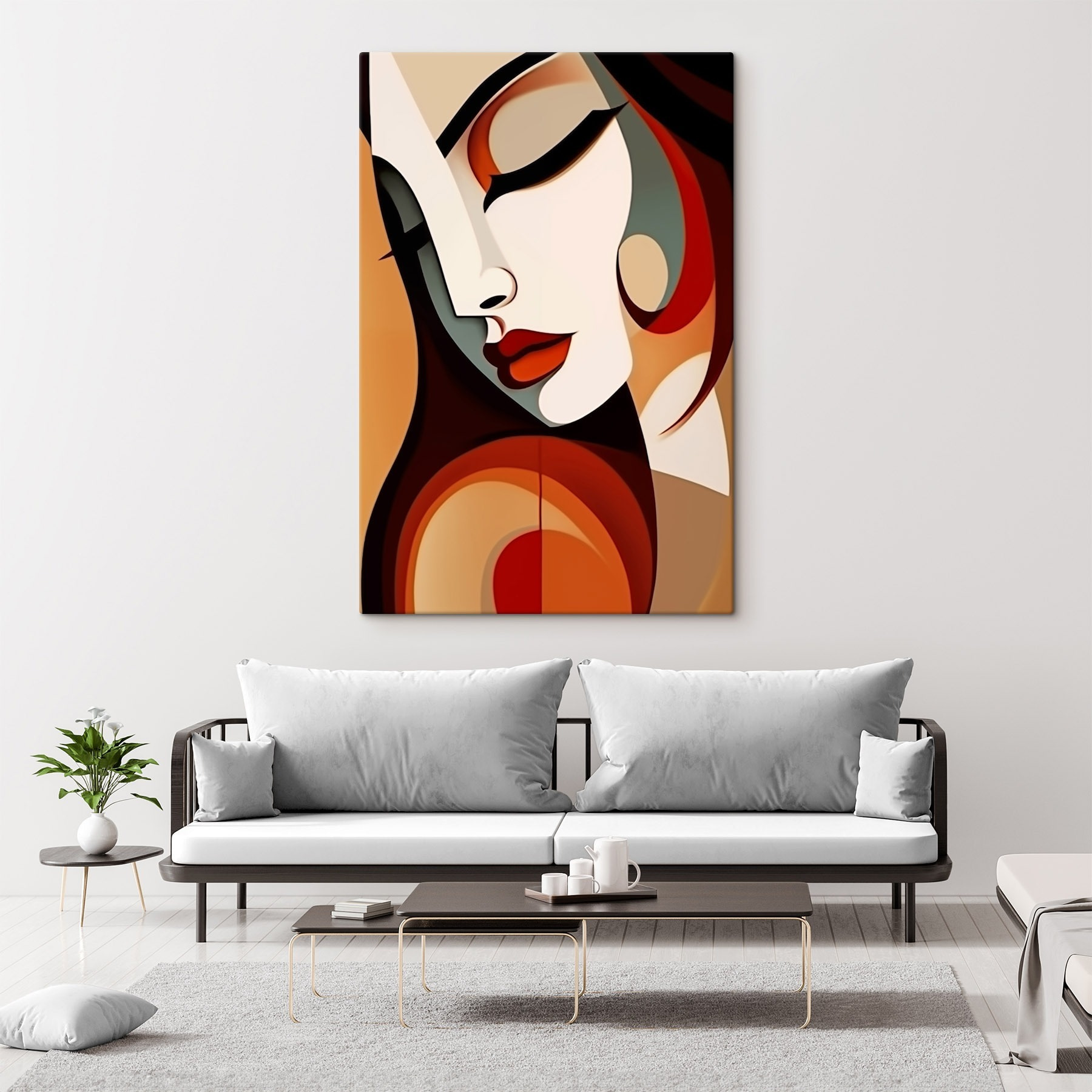Woman's face with red lips and black hair