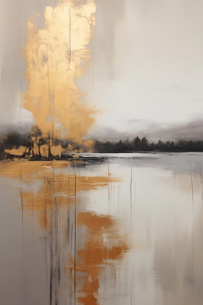 Painting of a lake with trees and fog