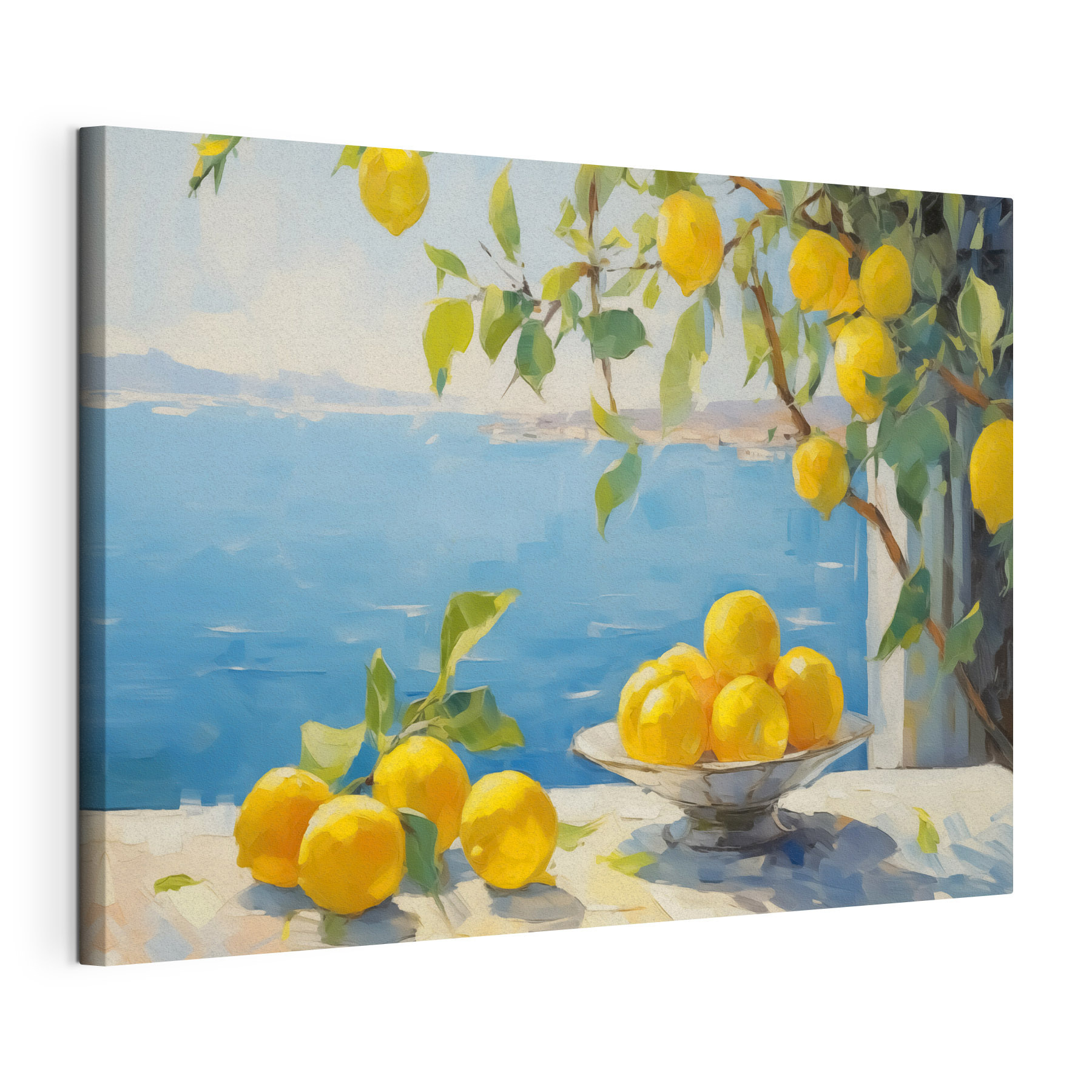 Bowl of lemons on a table next to a tree Bowl of lemons on a table next to a tree