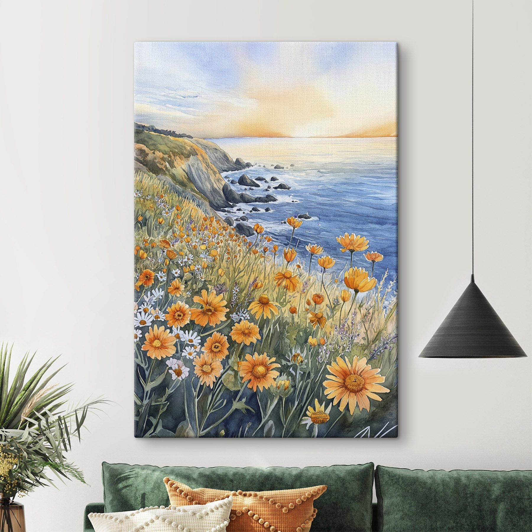 Painting of flowers on a cliff by the ocean