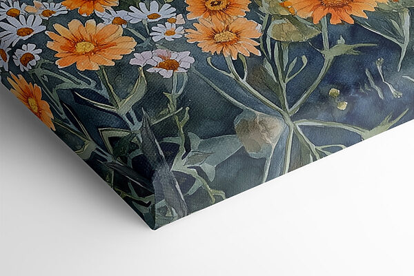 Painting of flowers on a cliff by the ocean