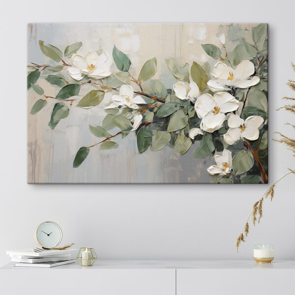 Painting of white flowers and green leaves
