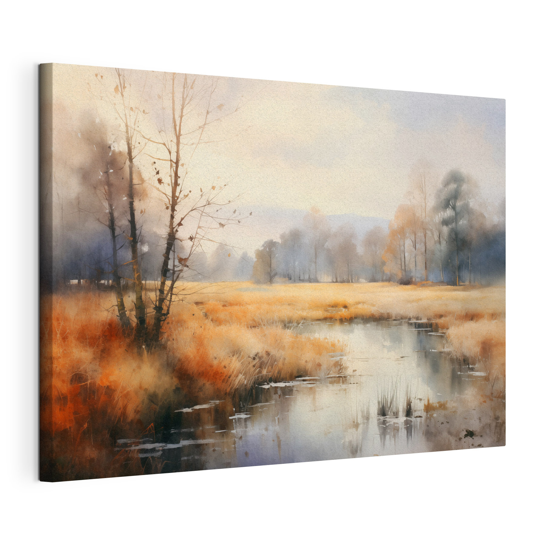 Watercolor painting of a marsh with trees and grass