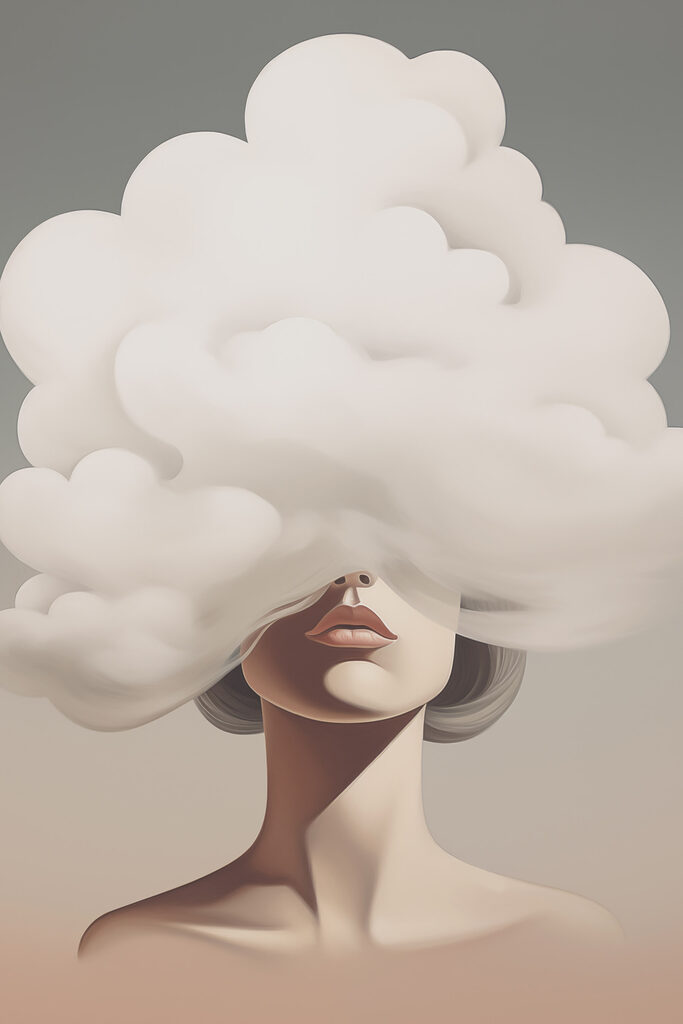 Woman with a cloud covering her face Woman with a cloud covering her face