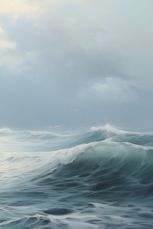 Waves in the ocean with clouds