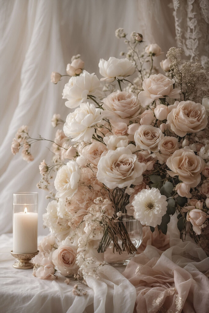 Vase of flowers and a candle