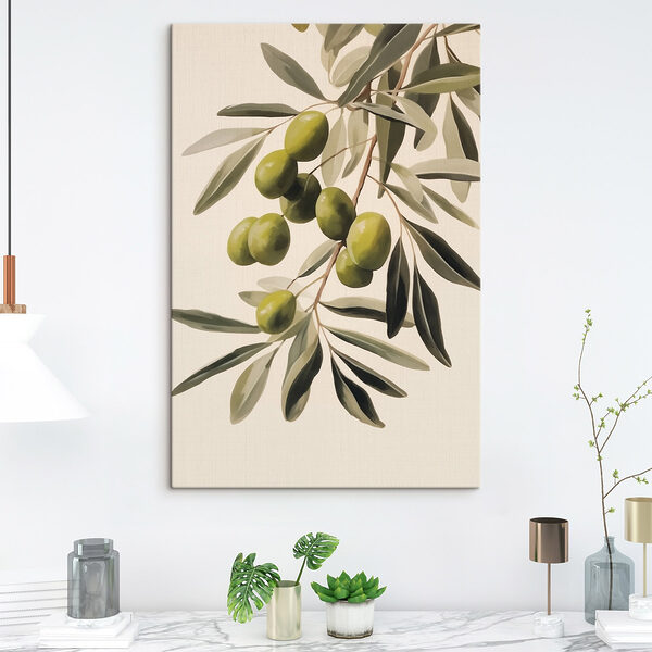 Painting of green olives on a branch