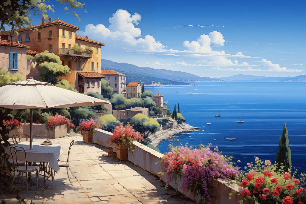 View of a town and the ocean from a balcony