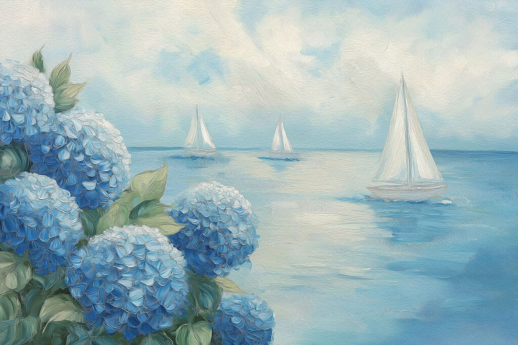 Painting of flowers and sailboats in the water