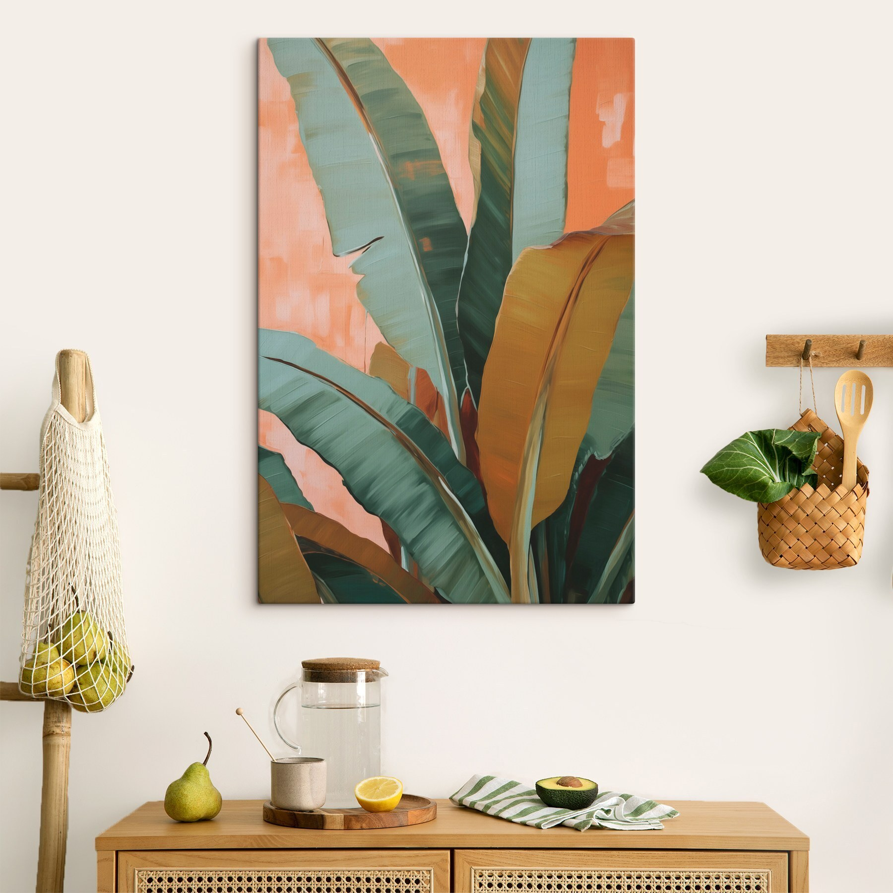 Vibrant tropical leaves against peach backdrop
