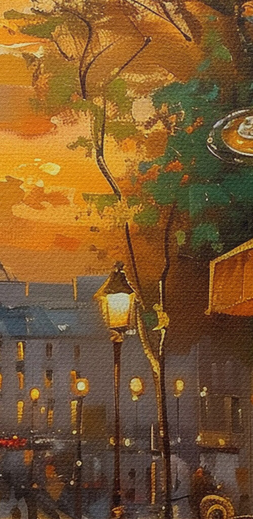 Street with tables and chairs in front of a tower