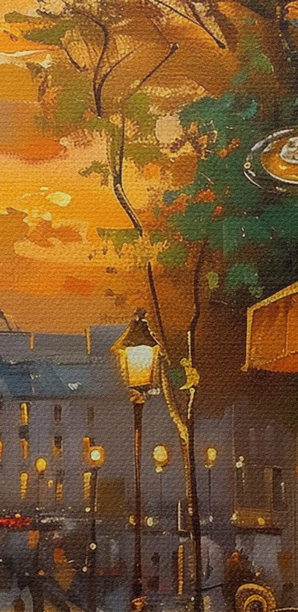 Street with tables and chairs in front of a tower