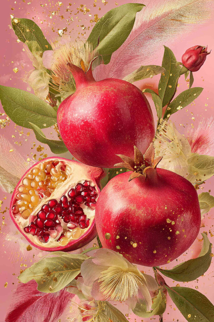 Pomegranate fruit with seeds cut in half