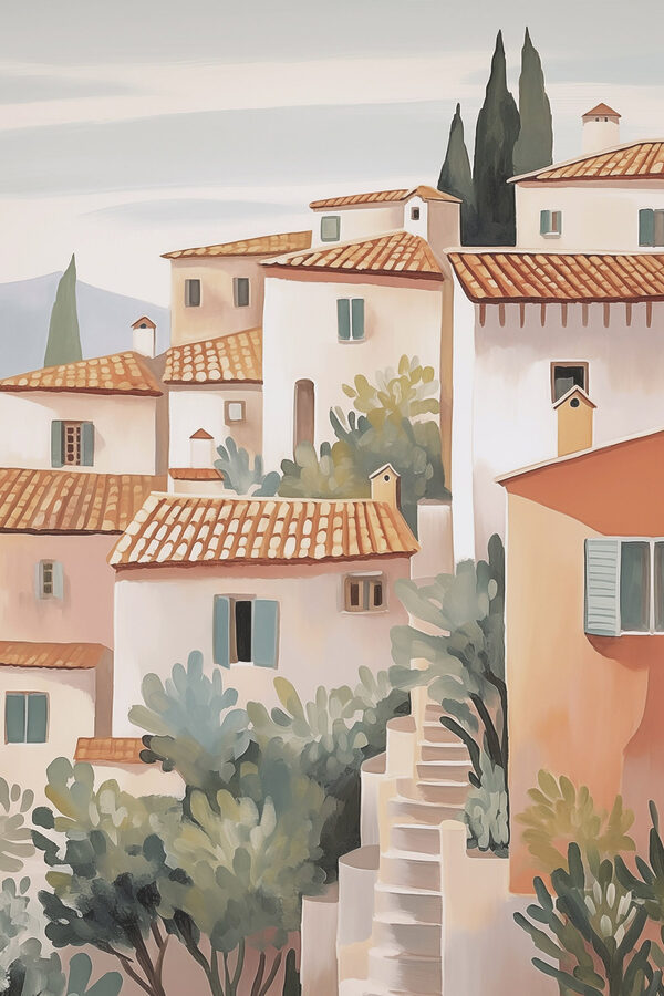 Painting of a group of buildings Painting of a group of buildings