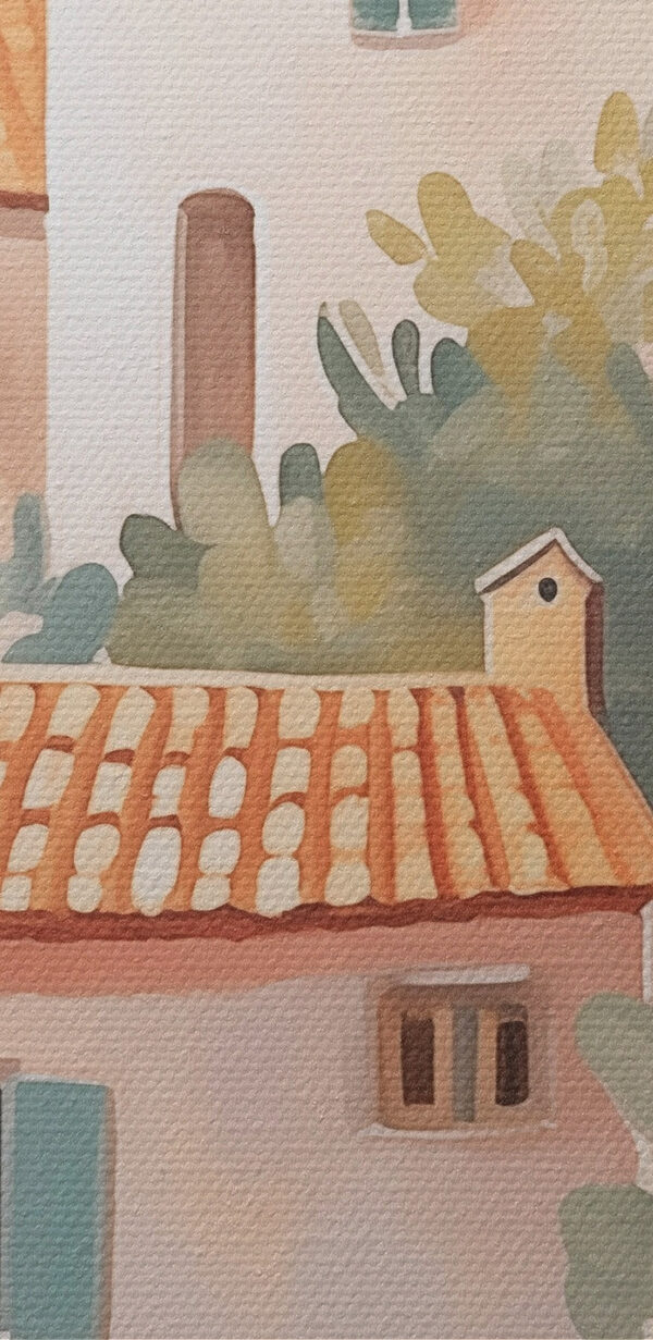 Painting of a group of buildings Painting of a group of buildings