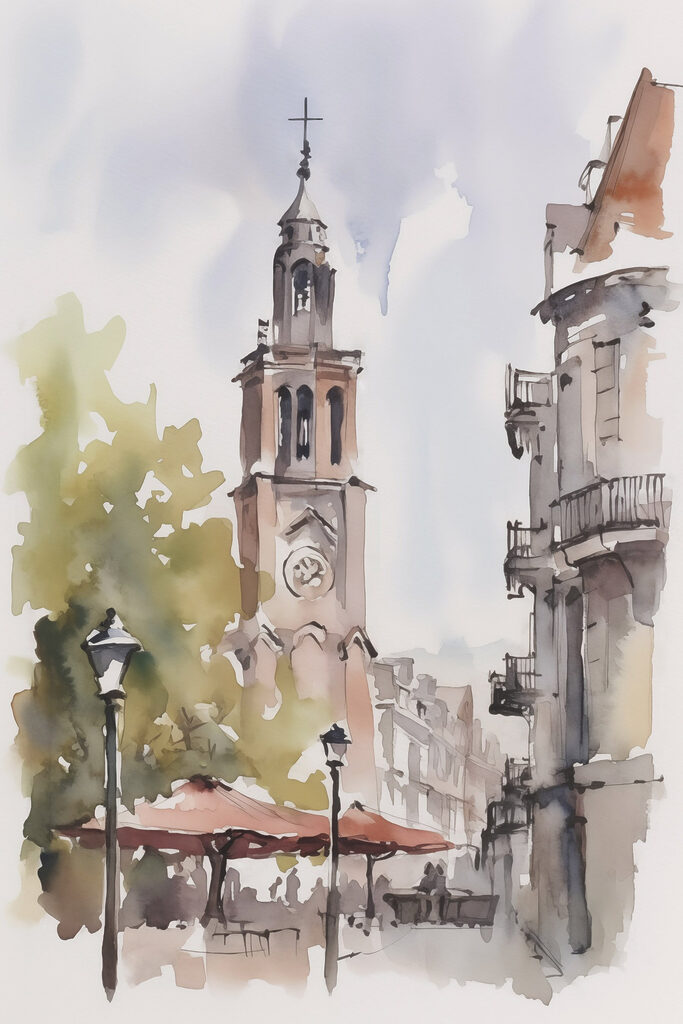 Watercolor of a building with a clock tower