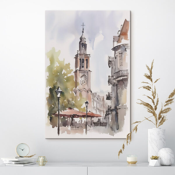 Watercolor of a building with a clock tower