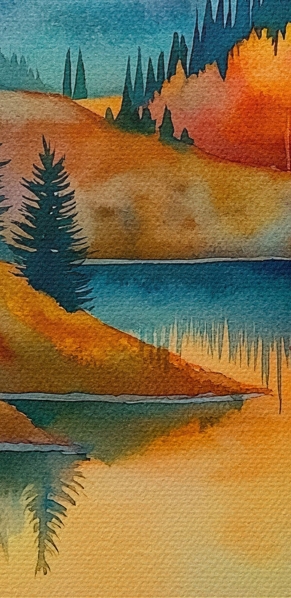 Watercolor painting of a lake surrounded by trees