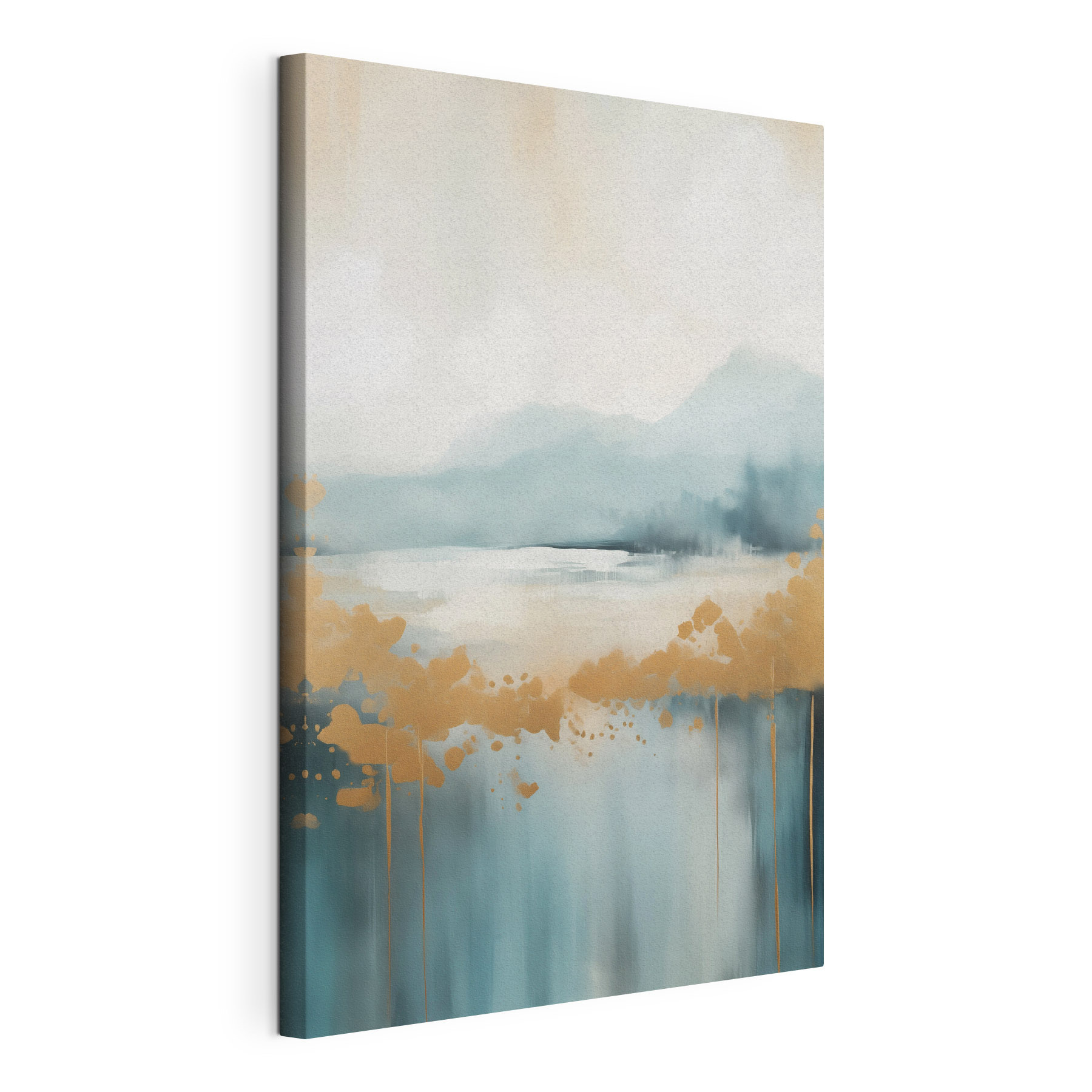 Painting of a lake with mountains in the background Painting of a lake with mountains in the background