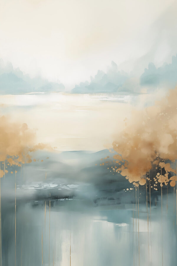 Painting of a landscape with trees and water