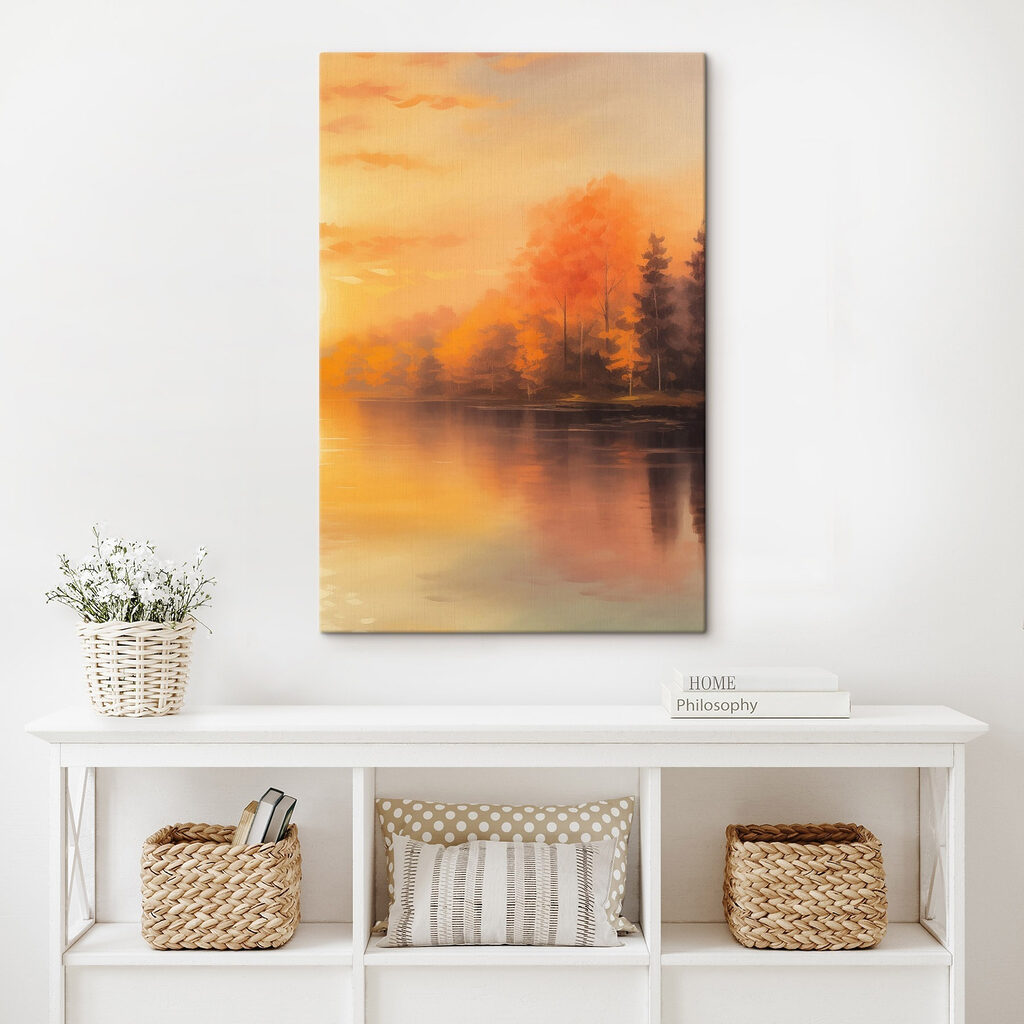 Watercolor painting of trees and a lake
